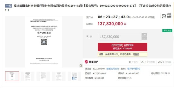 华泰国际 福建莆田农商银行5.19%股权被拍卖, 起拍价折合1.48元/股, 第四大股东被限制高消费